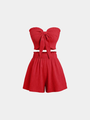 Women’s Red Ruffled Bandeau Top and Shorts Set